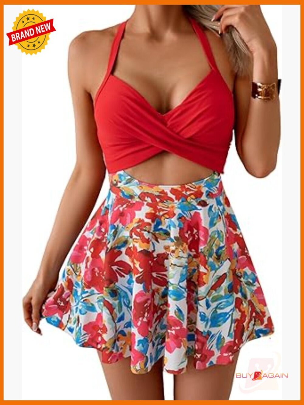 V Neck Wrap Tie Back One Piece Swimsuit with Skirt Tummy Control